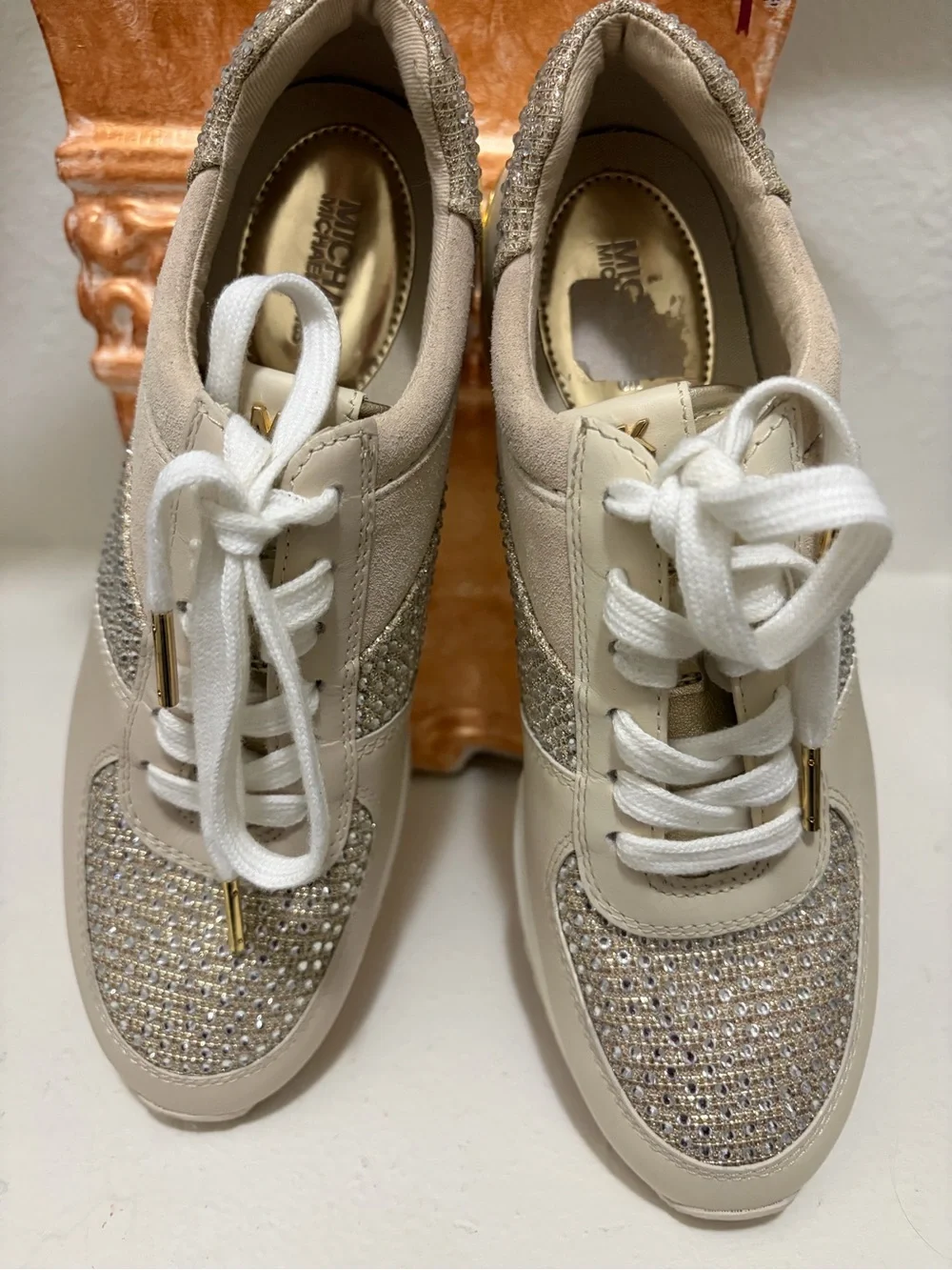Michael Kors Beige and Gold Crystal-Embellished Sneakers